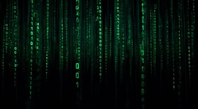 Digital Rain of Green Binary Code Falling Against a Dark Black Background With Glowing Numbers Representing Data Transfer and Futuristic Technology