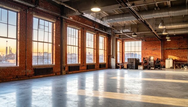 Empty industrial loft warehouse with red brick walls, large windows, and sunset city views, suitable for event venue or studio