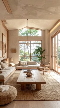 Modern living room interior with earthy tones, natural wood furniture, textured rug, large windows, indoor plant, organic design, home renovation