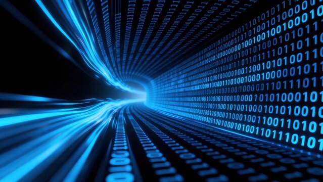 Digital binary tunnel with glowing lines