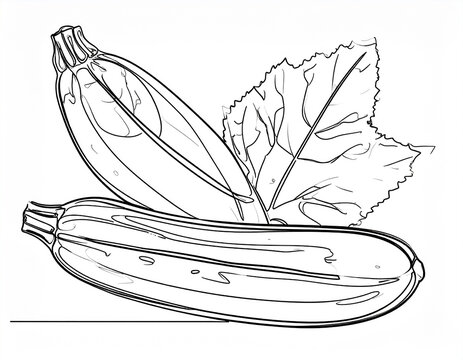 Two zucchini vegetables and a leaf in outline drawing style. zucchini, squash