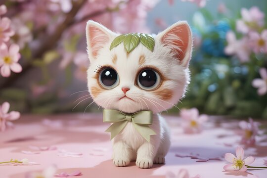 Cute cartoon kitten with green bow in floral background