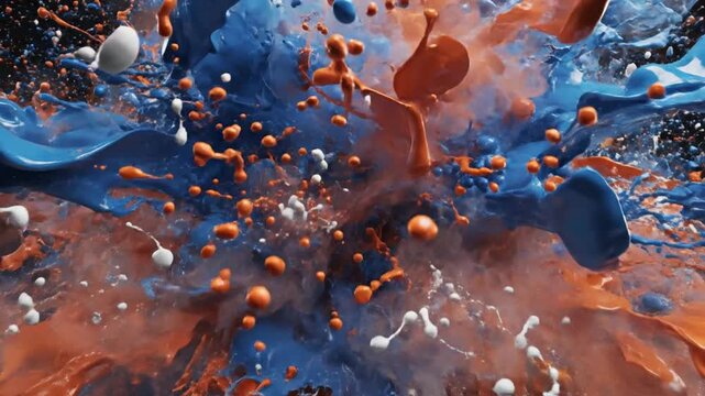 Dynamic abstract explosion featuring vibrant blue, orange, and white geometric shards and light particles scattering outward from a central point against a solid black background.
