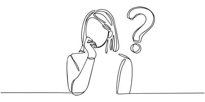 Little Girl Has Question Mark On Head Frequently Asked Questions Concept Continuous One Line Drawing, Abstract line art of a puzzled female figure with question marks. None editable stroke, Continuous