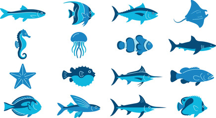 Collection of Blue Sea Creatures on White Background © Isnatun