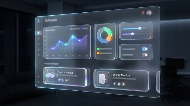 Futuristic glass user interface dashboard with data visualization charts graphs and control sliders displaying analytics and energy monitoring in a modern digital environment with soft ambient