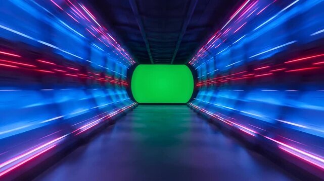 Futuristic Sci Fi Corridor with Blurring Blue and Red Neon Lights and a Green Screen Background for Visual Effects and Compositing