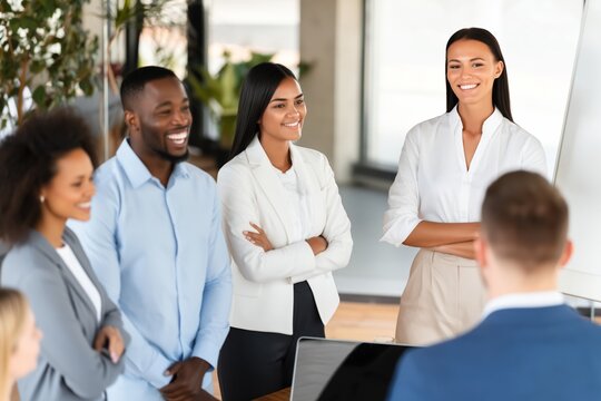 Team gathered around leader in office discussion