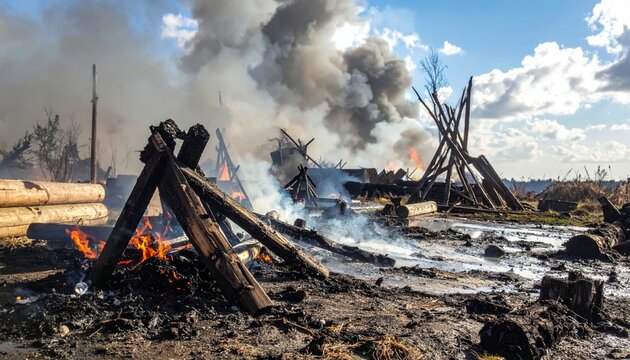 Smoldering Timbers of Destroyed Structure in Fire's Aftermath