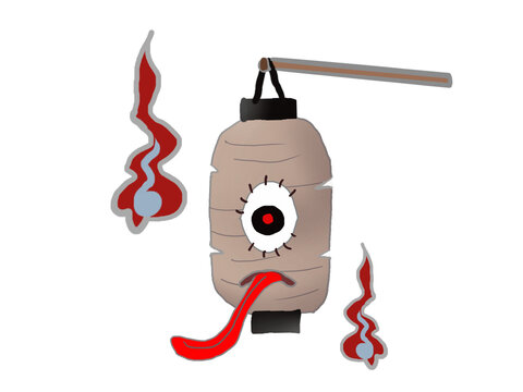 An illustration of a ghost lantern sticking out its tongue.