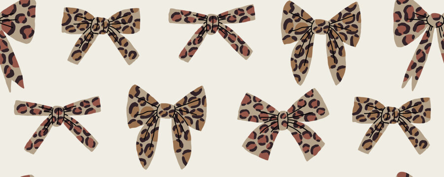 Preppy Coquette Bow Leopard Seamless Pattern. Bow Leopard Animal Aop Spots Wrap Bg. Seamless Ribbon Leopard Wrapping Paper. Vector Doodle Background