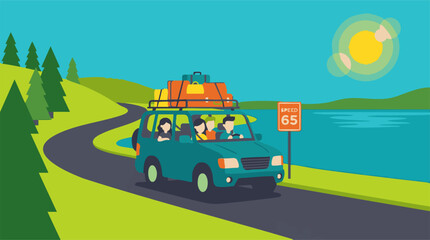 Obraz premium Family road trip in an SUV with luggage through a scenic summer landscape