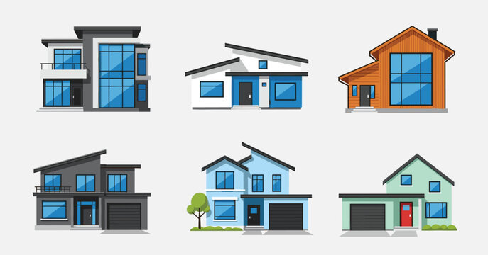 Modern Residential House Icon Set Featuring Contemporary Architectural Designs Luxury Villas and Family Homes for Real Estate Marketing Construction and Property Development Graphics