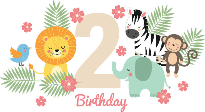 Cute Animal Birthday Design, Lion, Elephant, Monkey, Zebra, Bird, 2nd Birthday Celebration, Jungle Party Illustration