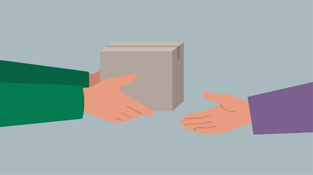 Hands giving and receiving a delivery package. Parcel exchange illustration.