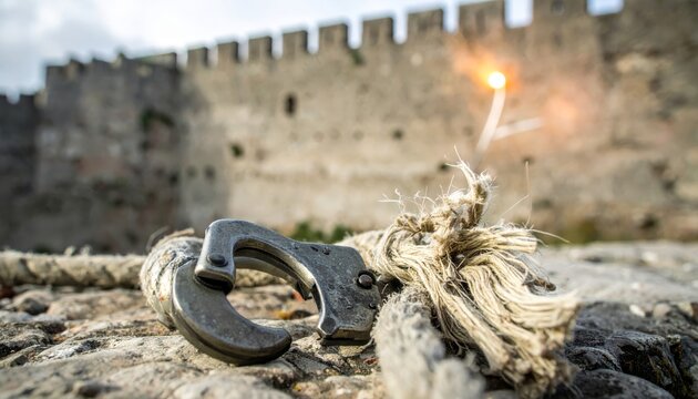Frayed Rope and Grappling Hook Against Castle Wall