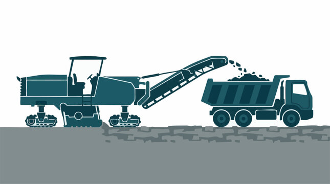 Road milling machine loading excavated asphalt into a dump truck