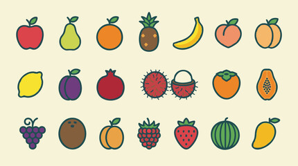 Variety of Vibrant Fruit Icons: Apple, Banana, Strawberry and More © ArtGrid