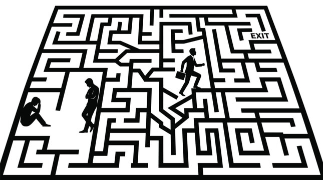 Determined businessman walking through a complex maze while others feel stuck and defeated in the challenge