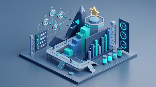 3d isometric business analytics dashboard with graphs and charts on blue background