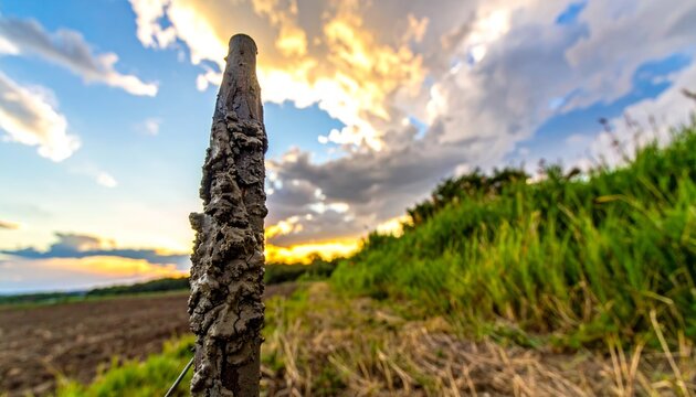 Solitary Mud-Splattered Pole Against Sunset Sky
