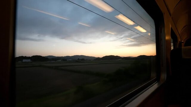 Scenic countryside view from train window during dusk with vibrant sky and fields