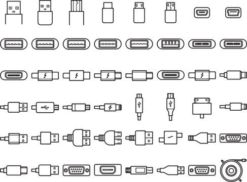Digital connectivity: various USB cable and port types. Illustrative of an array of commonly used digital interfaces.