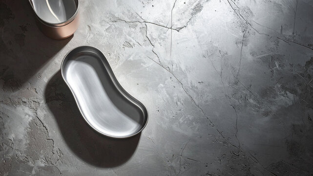 Metal organic tray on concrete floor. Studio lighting spotlight. Negative space layout for product packaging branding design 2026 trend. Hardware container mockup. Industry minimalism style.