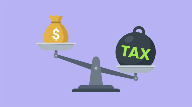 Money bag and heavy tax weight on a balance scale, illustrating financial burden