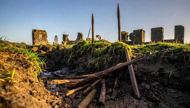 Scattered wooden crossbow bolts lie near ancient ruins