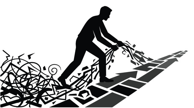 Man sorting out messy chaotic lines into a clear straight path towards his future professional goal