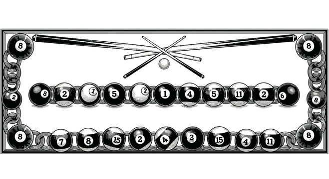 Billiard balls and cues on table.