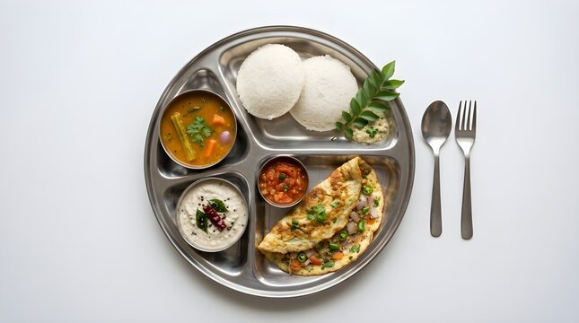 Traditional South Indian breakfast with idli, vegetable curry, chutney, and uttapam served on a stainless steel compartment plate