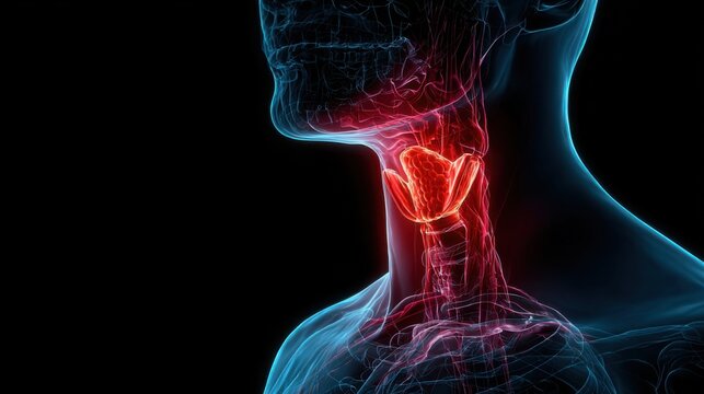Illustration shows human neck structure with focus on thyroid gland in a medical context
