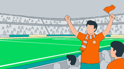 Excited sports fan cheering in a crowded stadium with a flag, vector art © ArtGrid