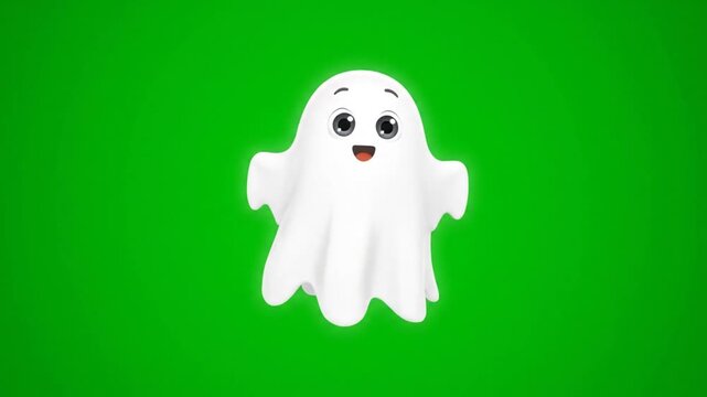 Cute cartoon ghost character with big eyes and a friendly smile in front of a green screen background