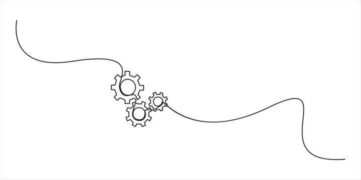 Two connected gears in one continuous line art style illustration. Gears drawing with editable black stroke on white background. Vector illustration, Simple continuous one line drawing of three 