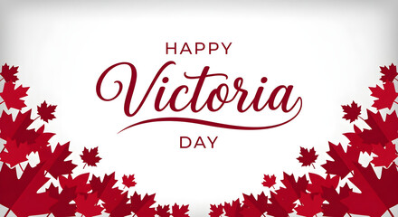 Naklejka premium Handwritten Victoria Day greeting with red maple leaves on white background