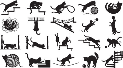 Obraz premium Black cat icons, feline agility, silhouette set, 25 cat graphics