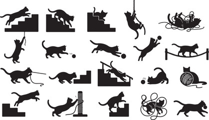 Obraz premium Black cat silhouettes, playful feline icons, kitten vector graphics, 20 cat illustrations
