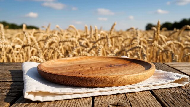 Wooden Tray on Rustic Table in Wheat Field