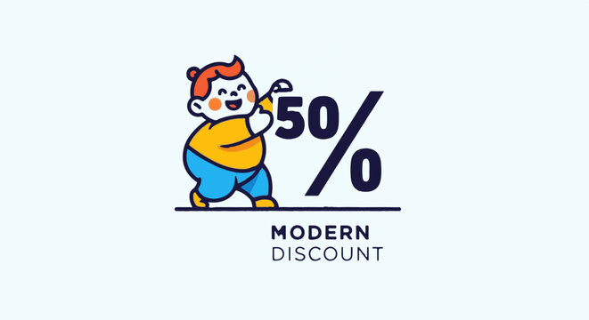 Happy child with fifty percent discount halftone pattern