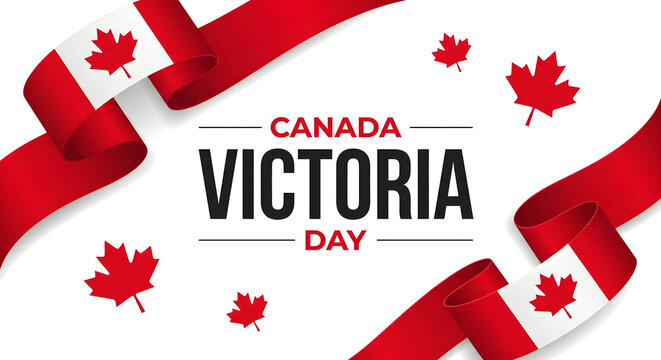 Victoria Day celebration banner with Canadian flags and red ribbons on white background