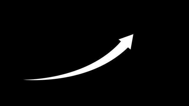 Animated white growing arrow pointing upwards on black background for business success and financial growth concept motion graphics.
