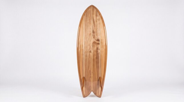 Wooden surfboard standing upright