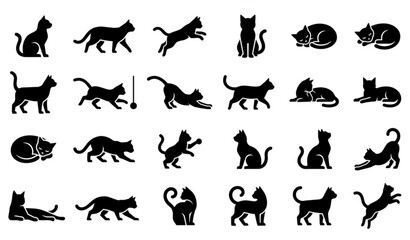 Minimal cat silhouette icon set with black feline poses isolated on white background © MstLima