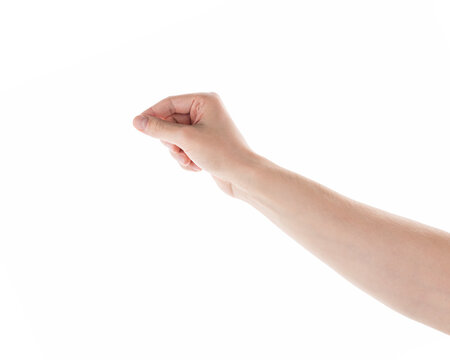 Young adult left man hand hold something isolated on white