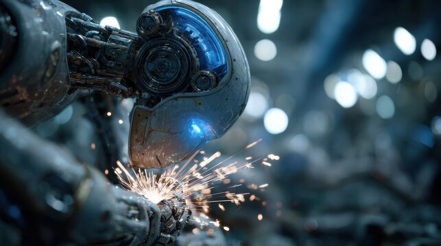 Robot works on metal parts in a factory during night shift while sparks fly around