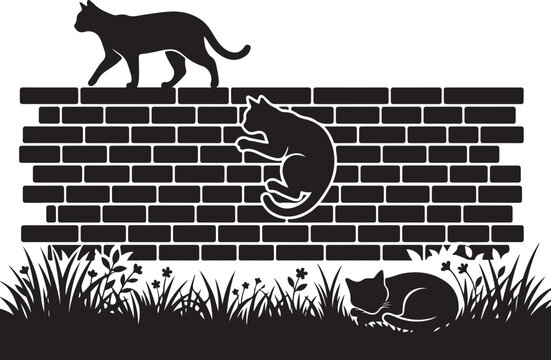 Black cat silhouettes, feline friends on brick wall, grass and flowers, animal icons, pet graphics