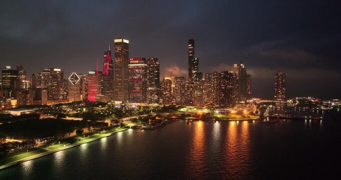 Aerial Drone View of Chicago Loop Skyline and Grant Park at Night, Lake Michigan, Illinois, USA&rdquo; on April 26 2026 